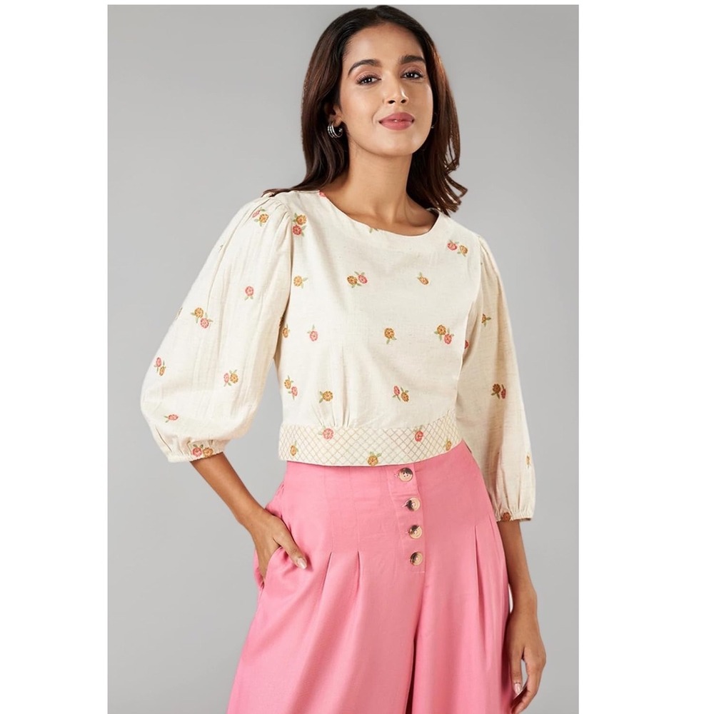 Akkriti Floral Embroidered Cotton Linen Puff Sleeve Tie Back Crop Top Cream M